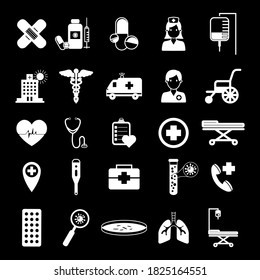 Imagen vectorial. Iconos de objetos de un hospital. Vectores sólidos.
