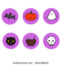 Vector image. Icons in the style of Halloween. Bat, pumpkin, ghost, skull, potion, black cat.
