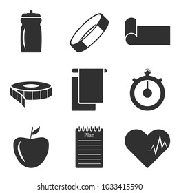 Vector image of the icons of things that you need to have in your bag when practicing and fitness