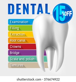 Vector image illustration of advertising of Dental list with discount blue tag label sticker isolated on withe background. List of dentist service, bridge, care, checkup, crowns. Good for print & web