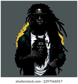 vector image illustration of african american person with dreadlocks wearing glasses with dark background