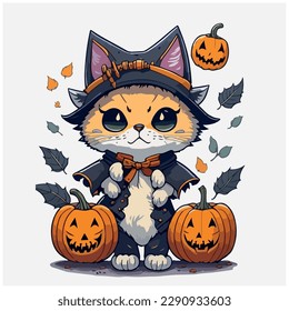 vector image illustration of cat with witch hat and pumpkins