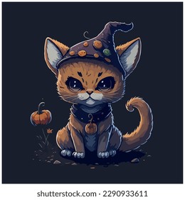 vector image illustration of cat with witch hat and pumpkins