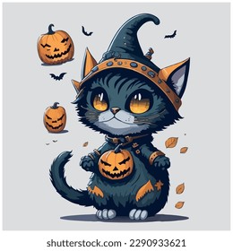 vector image illustration of cat with witch hat and pumpkins