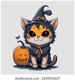 vector image illustration of cat with witch hat and pumpkins