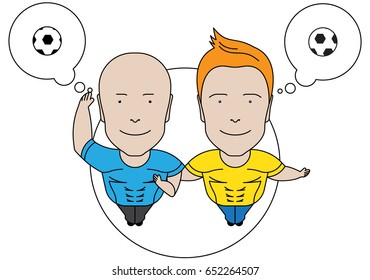 Vector image illustration doodle character of two man guy boys thinking bubble soccer football ball