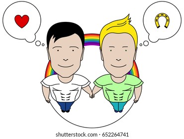 Vector image illustration doodle character of two man guy boys couple gay pride rainbow thinking bubble heart love luck horseshoe