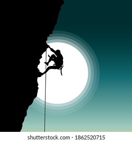 Vector image of illustration of an extreme mountain climber on the background of the sun