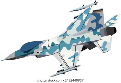 Imagen de Vector. ilustración de un avión de combate F-16 con un patrón de onda azul visto desde el lado izquierdo