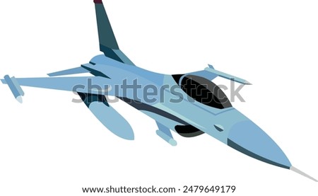 vector image. illustration of f-16 light blue fighter jet seen from the front right side