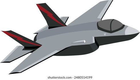 vector image. illustration of a f-35 gray fighter jet and red lightning-colored tail fin seen from the right side