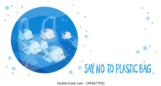 Vector image of an illustration of a fish underwater next to a float from a plastic bag. Banner illustration with a call to refuse the plastic bag and place for text.