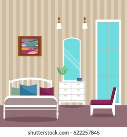 Vector image, illustration. Flat design room. Bedroom interior