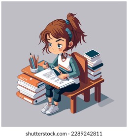 vector image illustration of girl at a desk studying