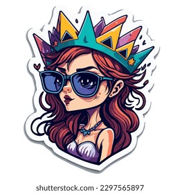 vector image of illustration of a girl with a princess crown in the form of a sticker