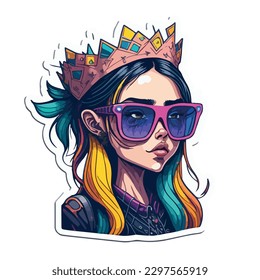 vector image of illustration of a girl with a princess crown in the form of a sticker