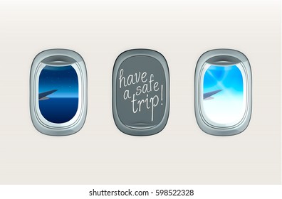 Vector image illustration greeting card of air plane window porthole open closed inside cabin with sky day night sunshine with ray of light moonlight view stars reflect lights on glass with wishes
