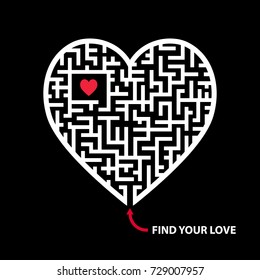 Vector image. Illustration of heart shaped white maze with words "find your love" on black background. Without a solution.