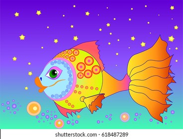 vector image, illustration, large beautiful fish swim across the water at night