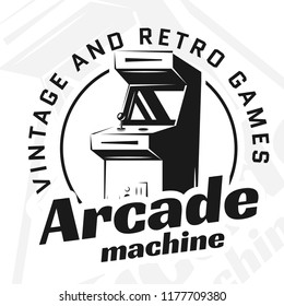 Vector image. Illustration of a logo, emblem, company element. Game design, old, retro, vintage arcades. Arcade machine, slot machine, board games.
