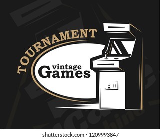 Vector image. Illustration of a logo, emblem, company element. Game design, old, retro, vintage arcades. Arcade machine, slot machine, board games.