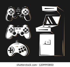 Vector image. Illustration of a logo, emblem, company element. Game design, old, retro, vintage arcades. Arcade machine, slot machine, board games.