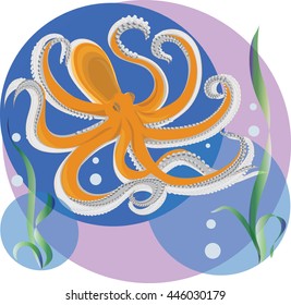 Vector image or illustration. Octopus on purple-blue background.