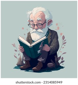 vector image illustration of old man reading book with light background
