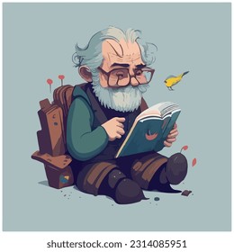 vector image illustration of old man reading book with light background