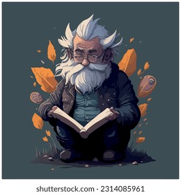 vector image illustration of old man reading book with light background