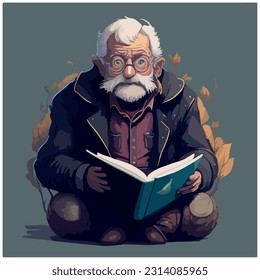 vector image illustration of old man reading book with light background
