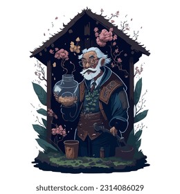 vector image illustration of old man taking care of flowers with light background