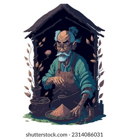 vector image illustration of old man taking care of flowers with light background