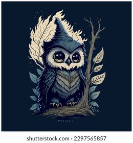 vector image illustration of owl with witch hat
