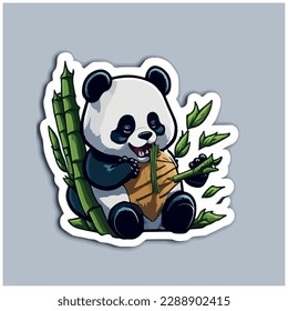 vector image of illustration of panda bear eating bamboo with white border