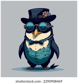 vector image illustration of penguin with glasses and hat