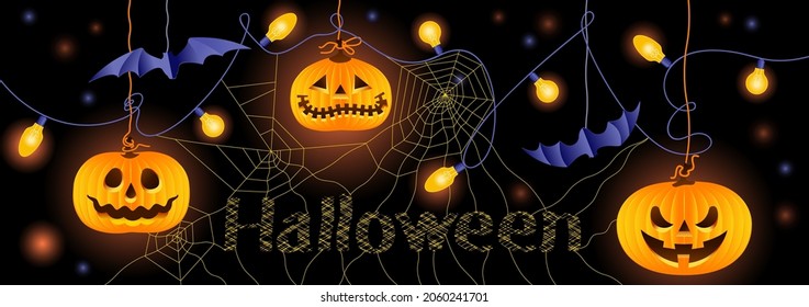 Vector image. Illustration with pumpkins, garland and the inscription Halloween. Glowing objects on a dark background.