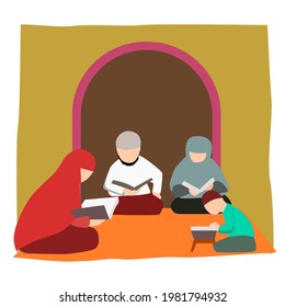 Vector image, illustration of the routine of a muslim family reading the holy  Qur'an