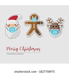 Vector image. Illustration of Santa Claus, gingerbread cookie and a reindeer with a mask. Funny image to decorate.