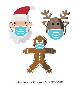 Vector image. Illustration of Santa Claus, gingerbread cookie and a reindeer with a mask. Funny image to decorate.