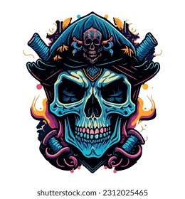 vector image illustration of skull with pirate hat