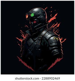 vector image of illustration of soldier in full suit and black background with red