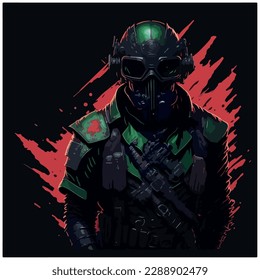 vector image of illustration of soldier in full suit and black background with red