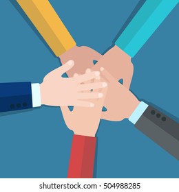 Vector image, illustration. Teamwork. The concept of working in a team. Team showing unity with their hands together. Hand, cogwheel, work