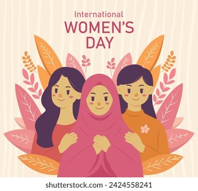 Vector image illustration of three women with different backgrounds but strengthening each other. Can be used for posters, covers, invitations and banners on International Women's Day