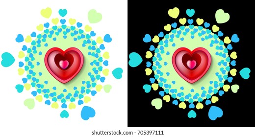 Vector image illustration of Valentines Day greetings card with glossy heart inside the circle shape of hearts cloud background around the center