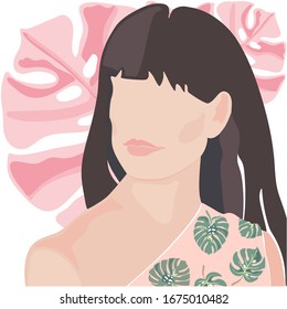 Vektorillustration, Illustration eines jungen Mädchens auf tropischem Hintergrund. Illustration zum Drucken auf T-Shirts, Sweatshirts, Postkarten, Poster, Karten, Verpackungen.