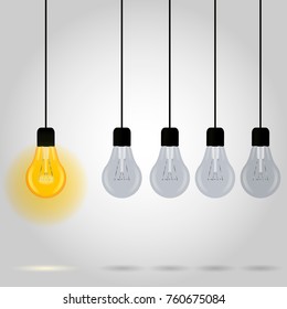 The vector image is an incandescent lamp among several switched off incandescent lamps arranged in a row on a gray background. Vector illustration for your design