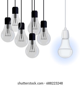 A vector image is an included energy-saving lamp among several turned off lamps  on white background