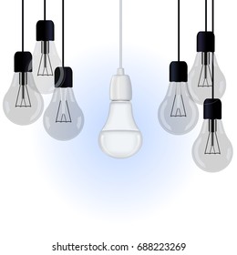 A vector image is an included energy-saving lamp among several turned off lamps  on white background